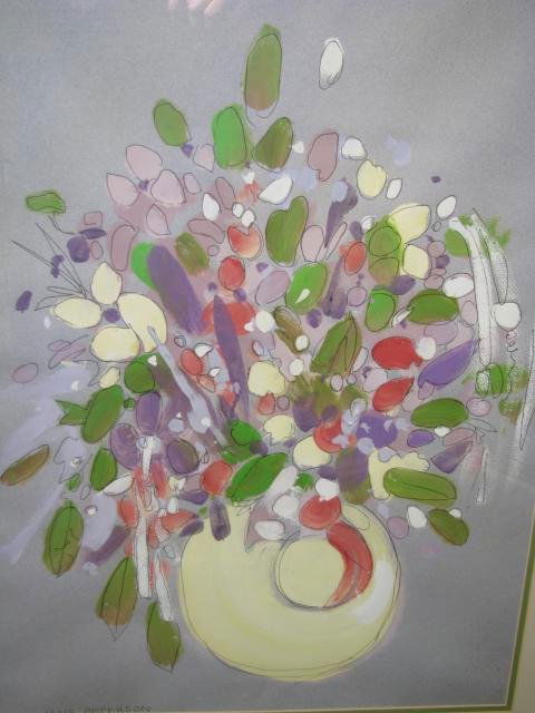 FLORAL STILL LIFE GOUACHE PAINTING JANE PETERSON: Framed, matted and under glass floral still life gouache on paper signed Jane Peterson. Frame measures 34" high by 29" wide by 2 1/4" deep. Visible art 24" high by 19" wide. DeBruyne Fine Art gallery