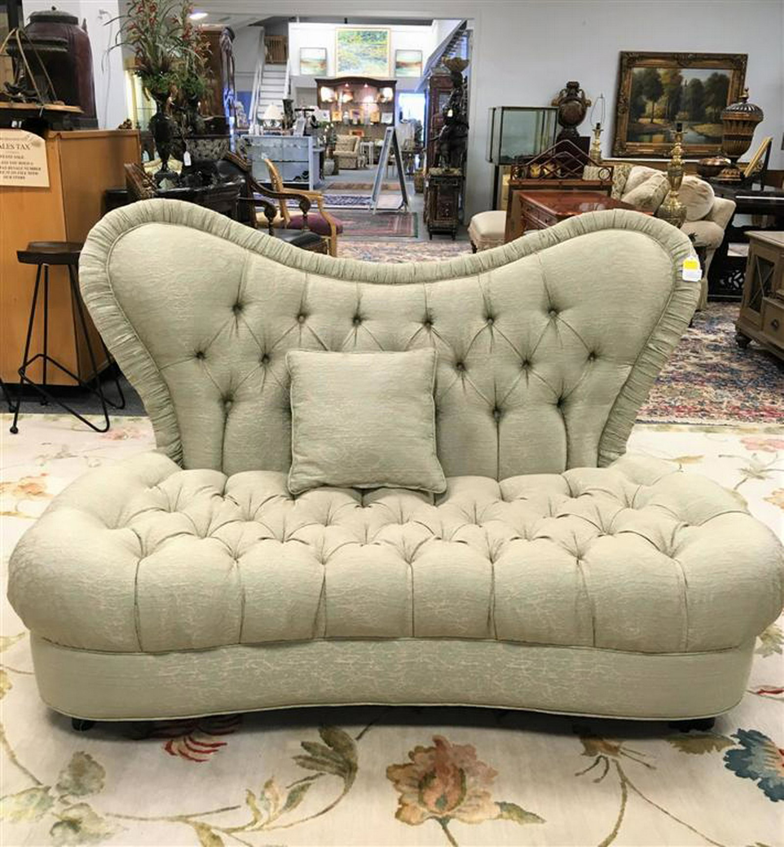 MODERN HIGH BACK SOFA: Modern high back sofa in a soft light green upholstery with tone on tone pattern. Measures 64" long x 42" tall and 36" deep. Seat height 16". No apparent maker's mark. Condition: good
