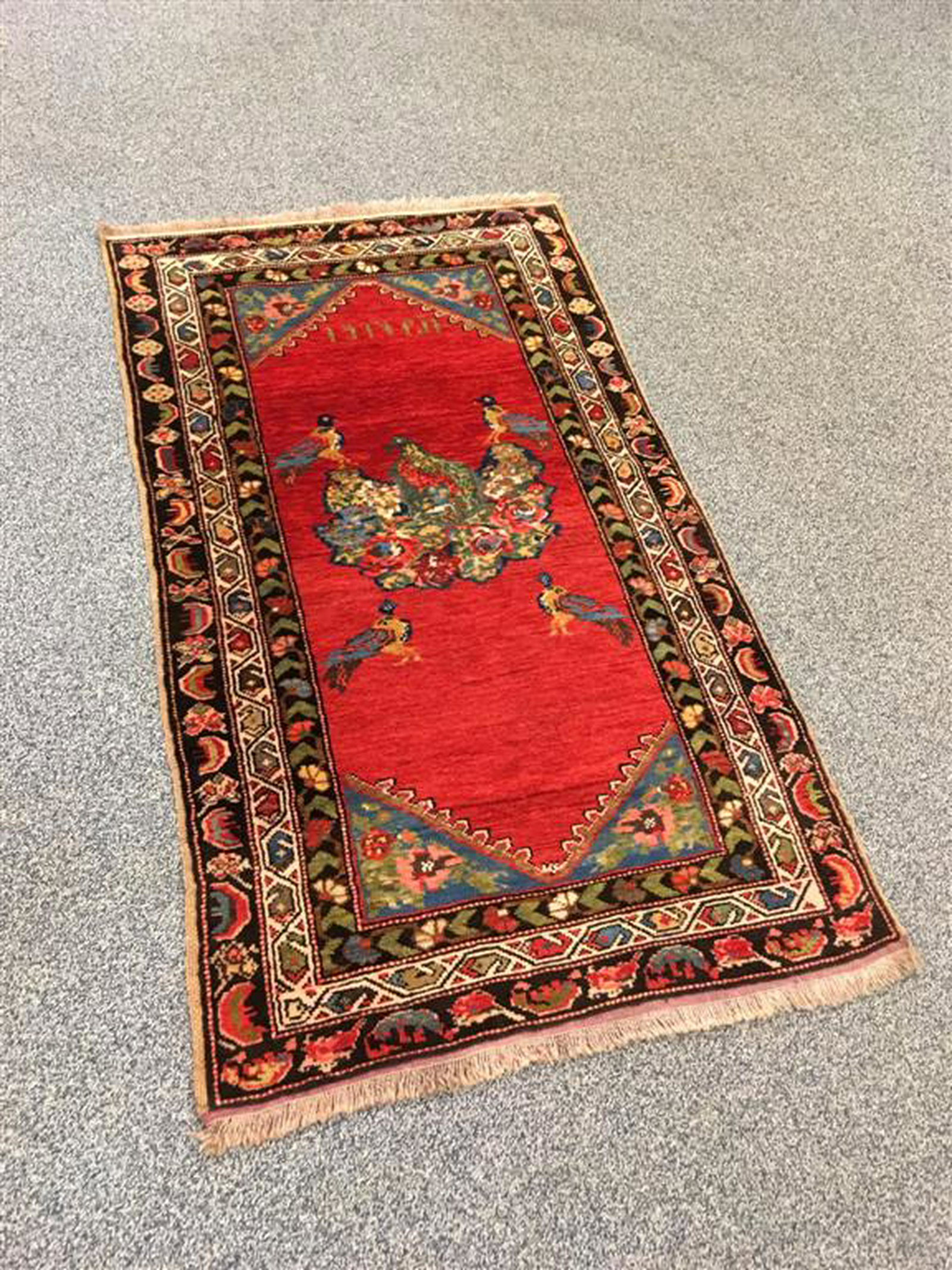 SMALL ANTIQUE ARMENIAN WOOL RUG - 3' X 5'2": Small antique Armenian/Kurdish wool rug measuring 3' x 5'2". Signed / dated 1914. Floral pattern with bird motif. Condition: very good considering age, may show minor signs of normal use, see images. 