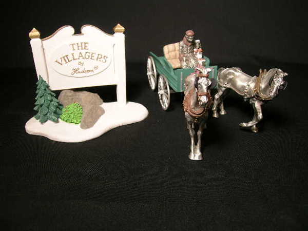 HUDSON FINE PEWTER MINIATURE FIGURES 4 PCS: HUDSON FINE PEWTER MINIATURE FIGURES 4 PCS - Two horse figures at 3 1/4" high x 5 1/8" wide x 4 1/8" deep, Man and girl figure at 2" high x 3 5/8" wide and signs at 4 1/2" high x 6 1/4" wide. THESE AR