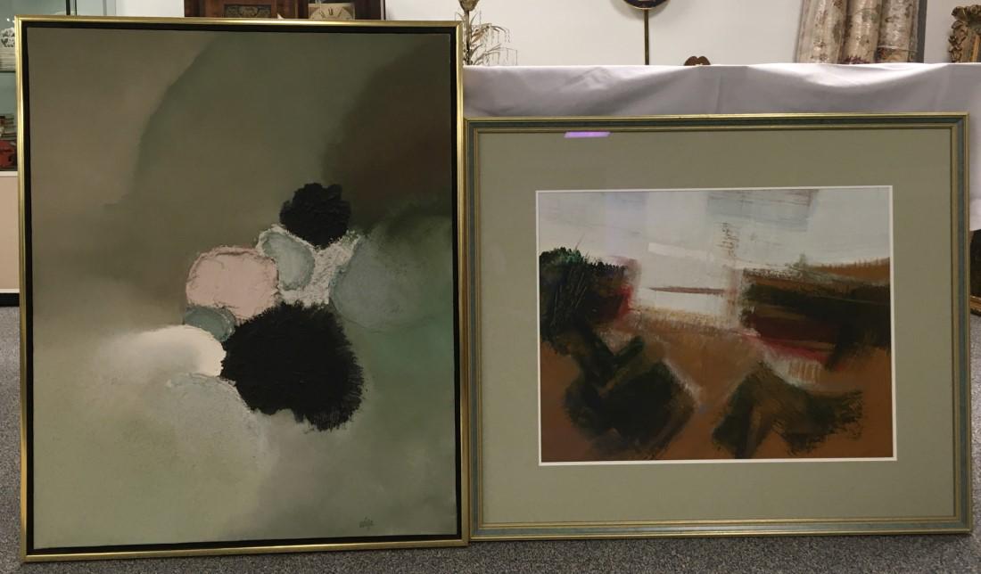 TWO WALTER MEIGS MODERN ABSTRACT PAINTINGS: Lot of two modern abstract paintings by Walter Meigs. Both signed lower right, retailed by Harmon-Meek Gallery in Naples Florida. The vertical painting is not covered with glass and measures 41.25" ta