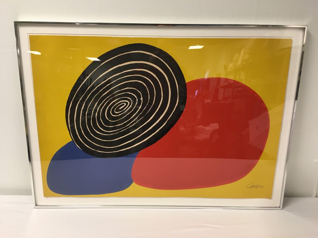 ALEXANDER CALDER "LES TROIS OEUFS" SIGNED SILKSCRE: Alexander Calder "Les Trois Oeufs" signed and numbered silkscreen serigraph. Numbered in pencil 6/75, and signed in pencil lower right. Mounted floating in a silver tone frame with acrylic window. Con