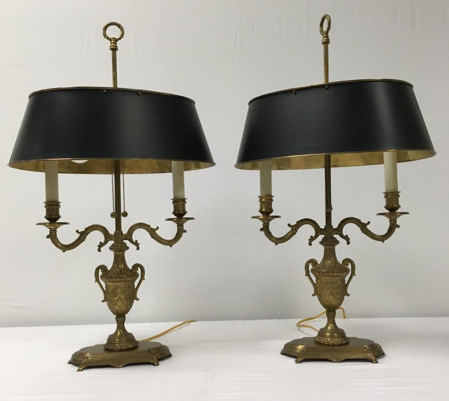 PAIR DECORATIVE CRAFTS BOUILLOTTE TABLE LAMPS: Pair of bouillotte table lamps by Decorative Crafts, Inc. Traditional cast brass design. Condition: good, may show minor signs of normal use, no apparent damages, see images. Each one measures a total