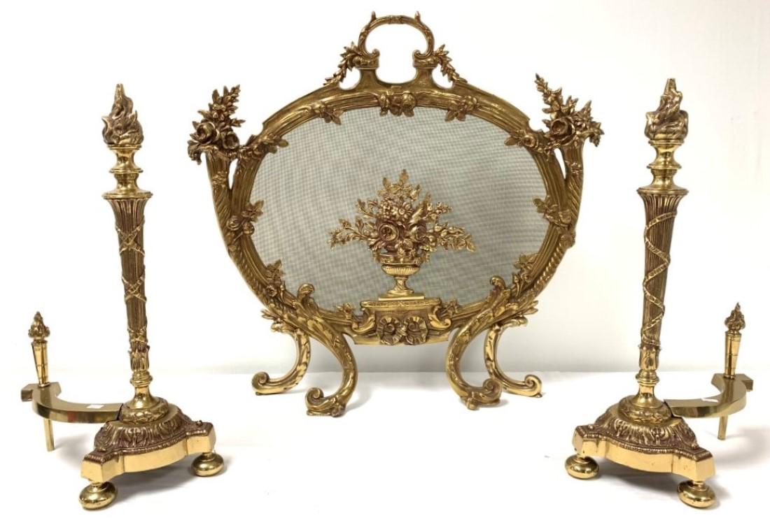 VINTAGE BRASS FIREPLACE SCREEN & ANDIRONS: Vintage brass fireplace screen and andirons. Screen measures 27" tall x 29" wide. Condition: good, no signs of damage, see images. Weight: 31 lbs.