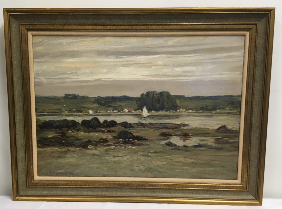 L.H. MEAKIN OIL ON CANVAS BOARD PAINTING: LANDSCAP: Lewis Henry Meakin oil on canvas board painting depicting a New England landscape scene. Signed lower left and framed in a metallic finish frame measuring 27.75" tall x 36.5". Signed "L.H. Meakin" low