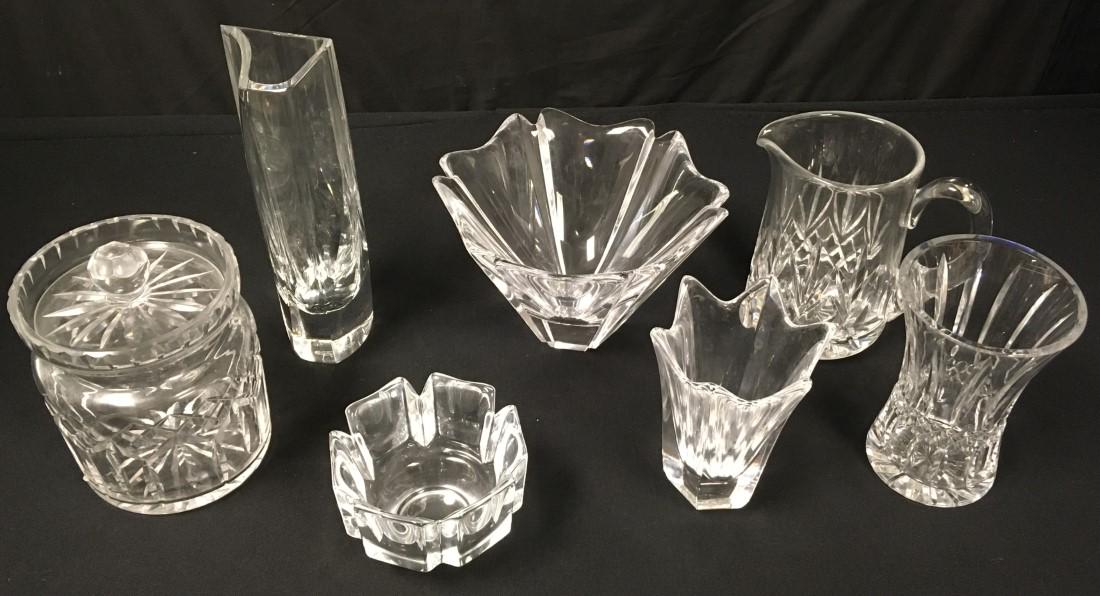 ORREFORS, WATERFORD & BACCARAT CRYSTAL 7 PCS: Lot of Orrefors, Baccarat and Waterford crystal, includes 7 pieces: a Baccarat 10" Rigot vase, three Orrefors bowls/vase, a Waterford vase, Waterford pitcher and Waterford biscuit jar. All pieces sign