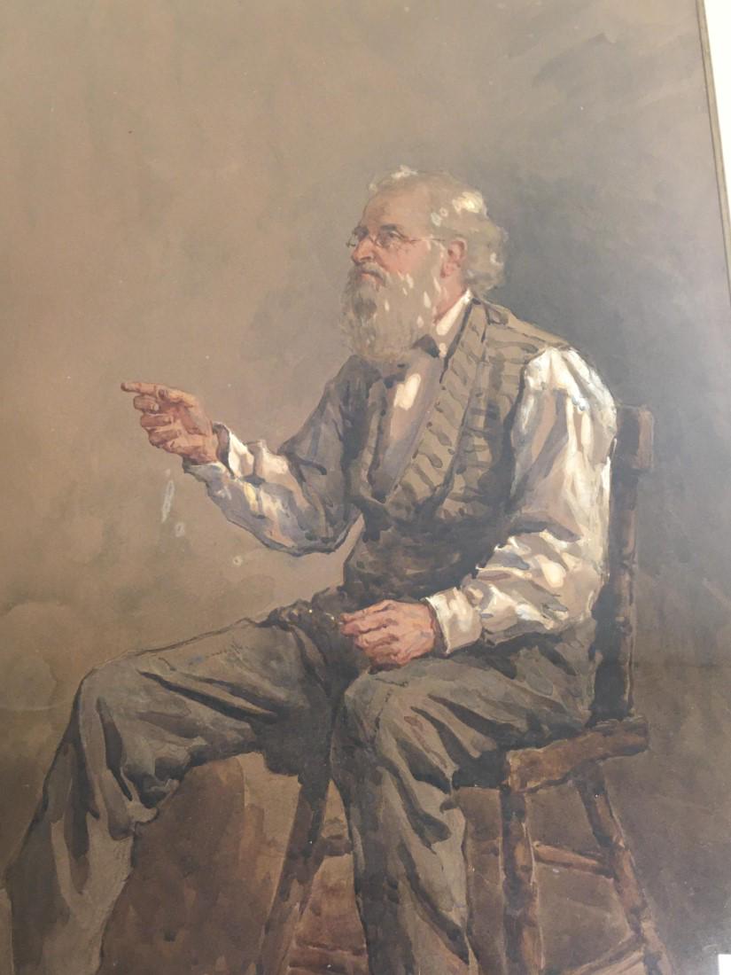 HUGH NEWELL ANTIQUE WATERCOLOR PAINTING OF OLD MAN: Hugh Newell antique watercolor painting of an old man. Signed and dated "1878" lower left. Framed and matted in a gold tone frame. Condition: minor damages and losses to frame, see images. Measures a