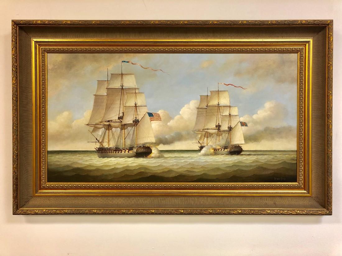 LRG BRIAN COOLE OIL PAINTING: American and British Batt: A large 20th century oil on board painting by Brian Coole depicting American and British battle ships. Signed lower right and framed in a large gold tone frame measuring 31.5" tall x 51.5" wide, sight