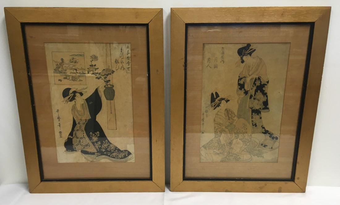 TWO ANTIQUE FRAMED JAPANESE WOODBLOCK PRINTS: Lot of two antique Japanese woodblock prints. Each one measures a total of 22.25" tall x 16.8" wide. Condition: Frames and matting show signs of age and minor discoloration, some fading to print, see 