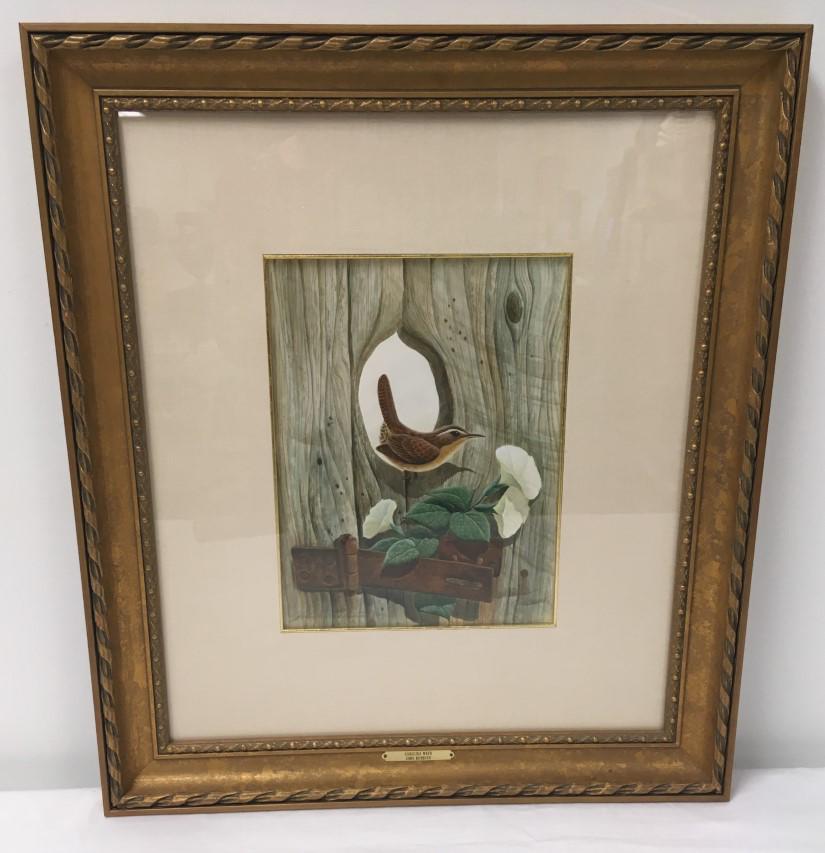 JOHN A. RUTHVEN WATERCOLOR & GOUACHE PAINTING WREN: John A. Ruthven watercolor and gouache painting on paper titled "Carolina Wren". Behind glass and matted in a gold tone frame. Signed lower left. Condition: good, frame may show minor signs of normal 