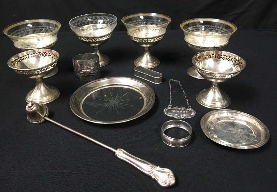 STERLING SILVER TABLEWARES: NAPKIN RINGS, SHERBET: Lot of assorted sterling silver tablewares. Includes six sterling silver sherbet cup bases with four glass cup inserts, three napkin rings, a liquor tag, a sterling and glass coaster, small dish (dent