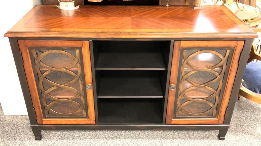 CONTEMPORARY WOOD & GLASS SIDEBOARD CABINET: Contemporary wood & glass sideboard cabinet measuring 35.75" tall x 60" wide and 23" deep. Condition: good, see images. Weight: approx. 100 lbs.