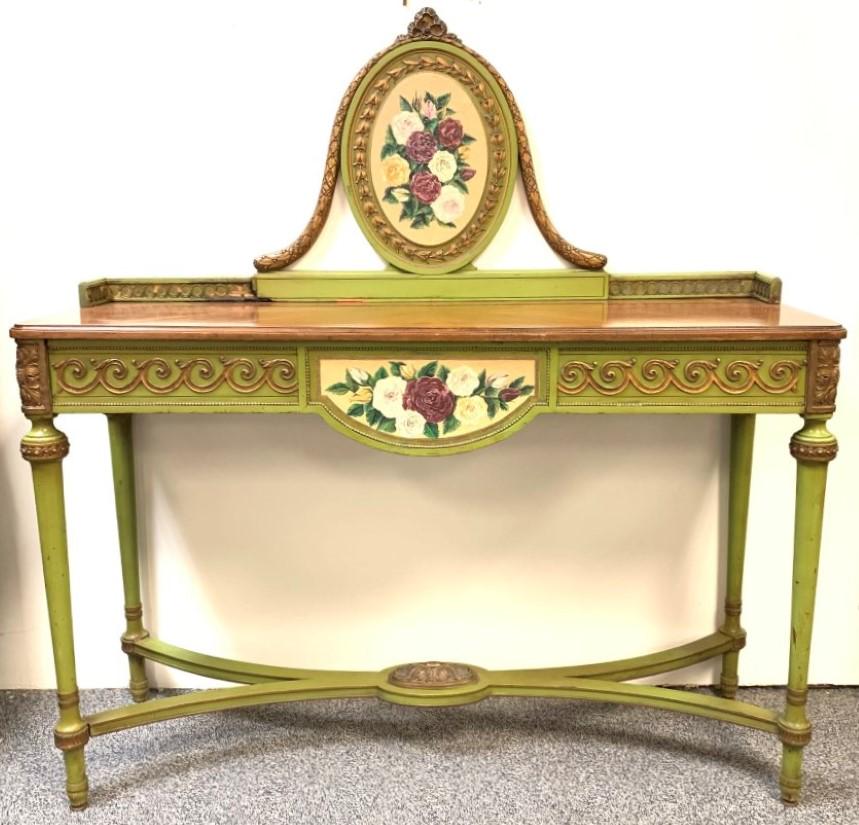 ANTIQUE GRAND RAPIDS HAND PAINTED CONSOLE TABLE: An antique Grand Rapids hand painted console table measuring a total of 37" tall to gallery, or 35" tall to table surface, 18" deep and 54" wide. Scattered small losses, repair to gallery / backsplash