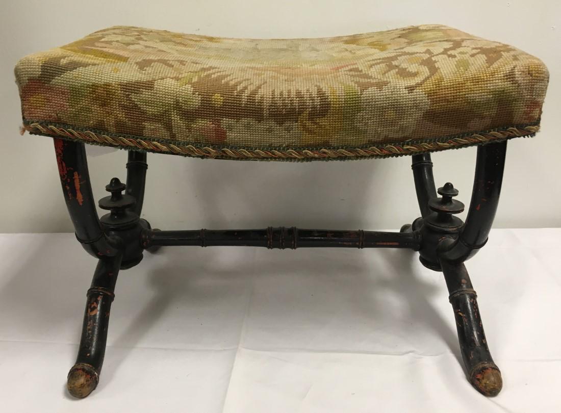 SMALL VICTORIAN BAMBOO STYLE NEEDLEPOINT FOOTSTOOL: Small Victorian bamboo style needlepoint footstool or bench. Measures 14.5" tall x 20" wide and 16.75" deep. Condition: minor expected signs of wear and age to tapestry upholstery, a few pulls to thre