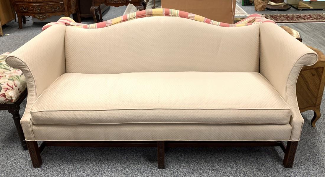 CHINESE CHIPPENDALE STYLE HUMPBACK SOFA: Chinese Chippendale style humpback or camelback sofa measuring 33.5" tall x 77" wide and 32" deep. Off-white quilted fabric upholstery. Condition: good, may show only minor signs of normal use, see im