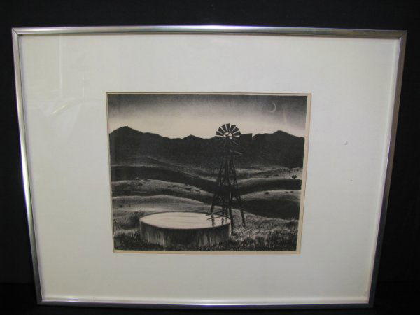 PETER HURD ENGRAVING WESTERN LANDSCAPE: Framed under glass, engraved print, signed in plate, Peter Hurd (1904-1984, American artist known for painter - western landscape, genre, portrait, etcher). Western landscape. Frame measures 15 1/2" h