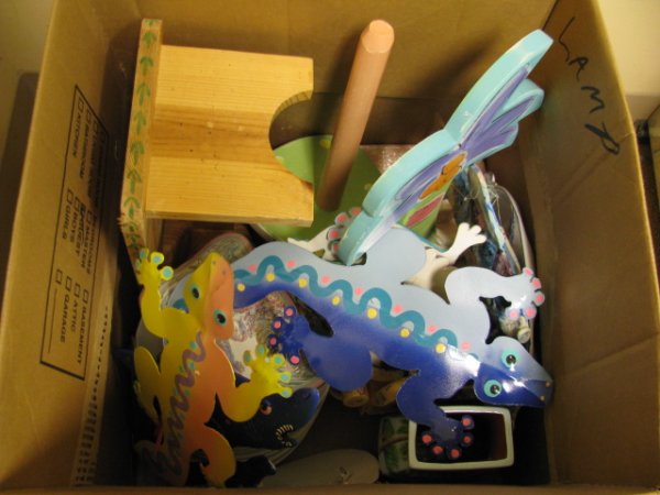 HUGE BOX LOT CERAMIC & WOODEN DECORATIVE PIECES: Lot includes ceramic battery operated clocks, bunny snack tray, decorative boxes. Hand painted wooden foot stool, paper towel dispenser. Porcelain plates with pears, apples, butterflies. Largest piece