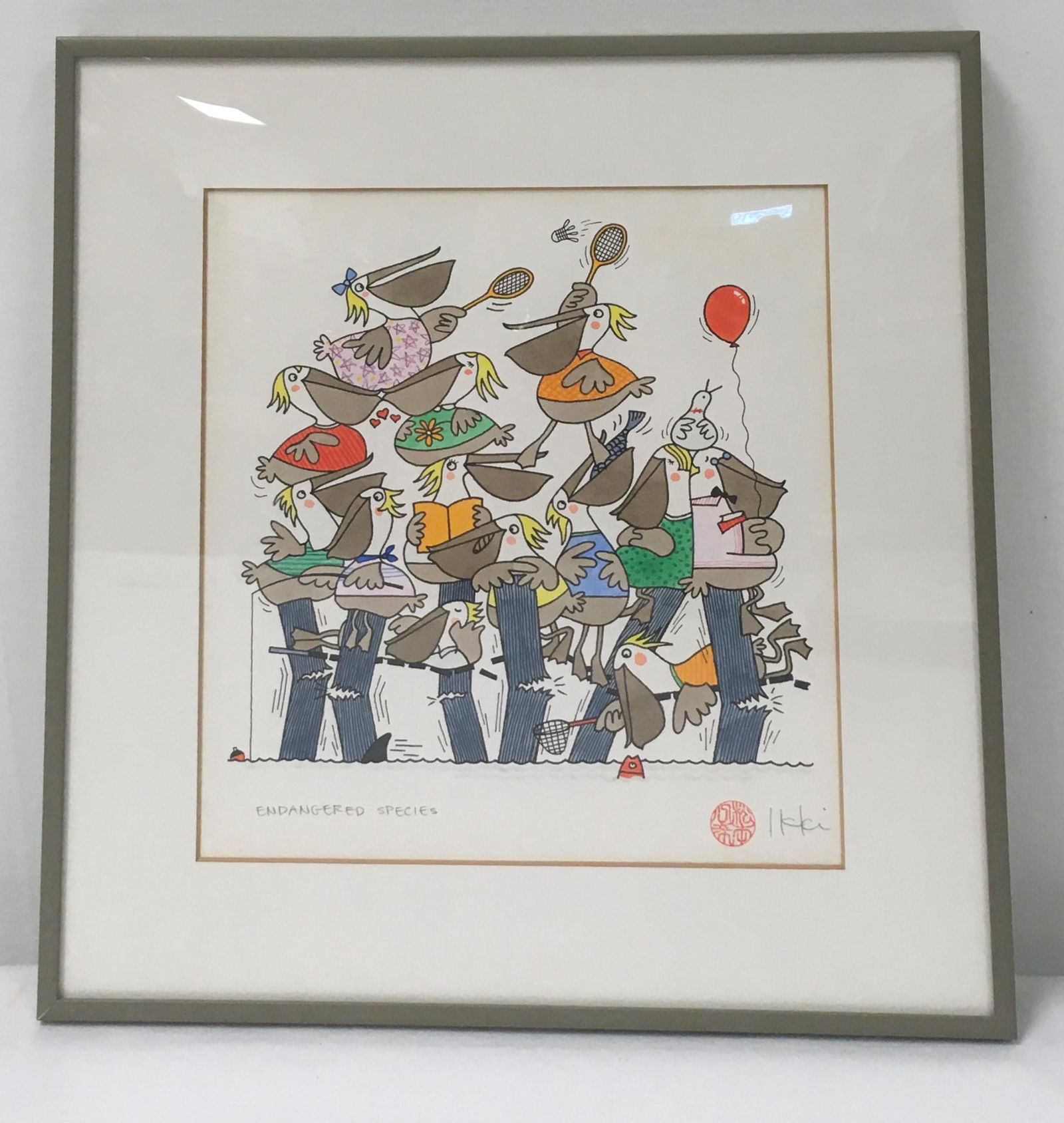 IKKI MATSUMOTO WATERCOLOR & INK PAINTING ENDANGERE: Ikki Matsumoto pen, ink and watercolor painting, titled lower left "Endangered Species". Signed and stamped lower right. Framed measuring 13.25" tall x 12.75" wide. Condition: tiny imperfection to pap