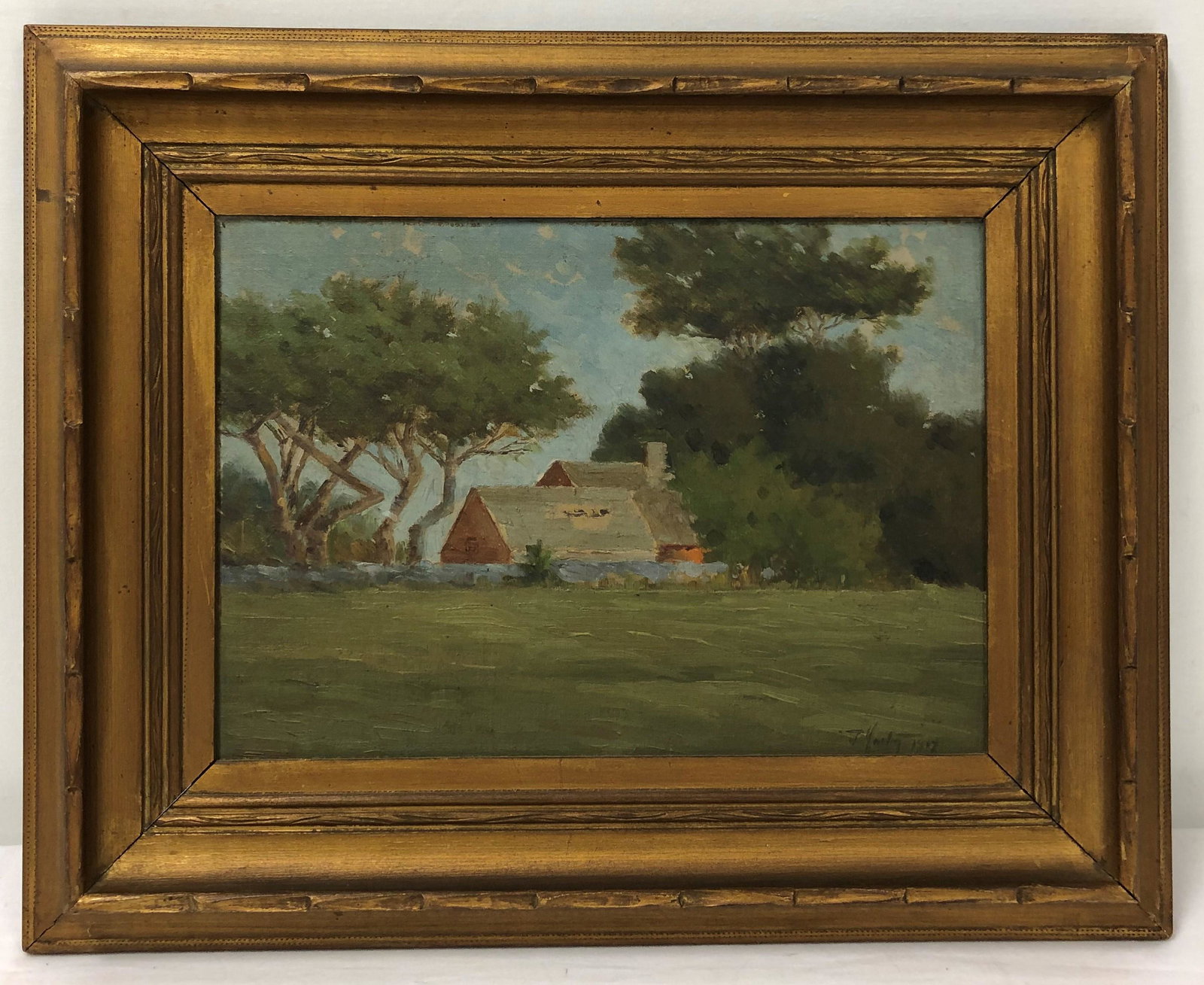 ANTIQUE THOMAS MOWER MARTIN OIL ON PANEL PAINTING: Antique oil on panel painting by Thomas Mower Martin. Subject: rural cottage. Signed and dated 1917 lower right. Condition: appears to be original frame, minor signs of normal use and age to frame, se