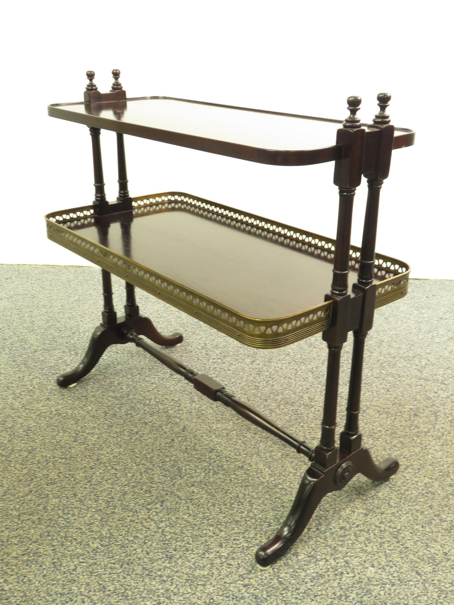 HENREDON REGENCY STYLE TWO TIER SIDE TABLE: Henredon crotch mahogany Regency style two tier side table with a pierced brass gallery on tier. Marked with tag on the underside. Condition: good, minor signs of normal use, see images. Measures 29"