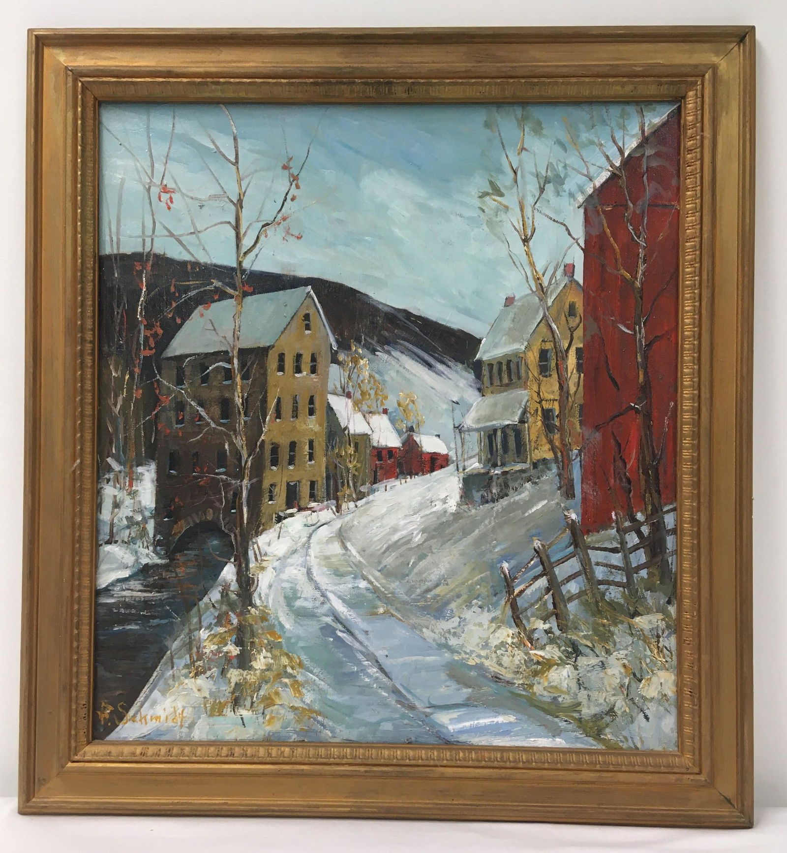 VINTAGE F. SCHMIDT OIL ON BOARD PAINTING: Vintage oil on canvas board painting of a snowy suburban street, signed "F. Schmidt" lower right. Frame measuring a total of 26" tall x 24" wide. Weight: 4 lbs.