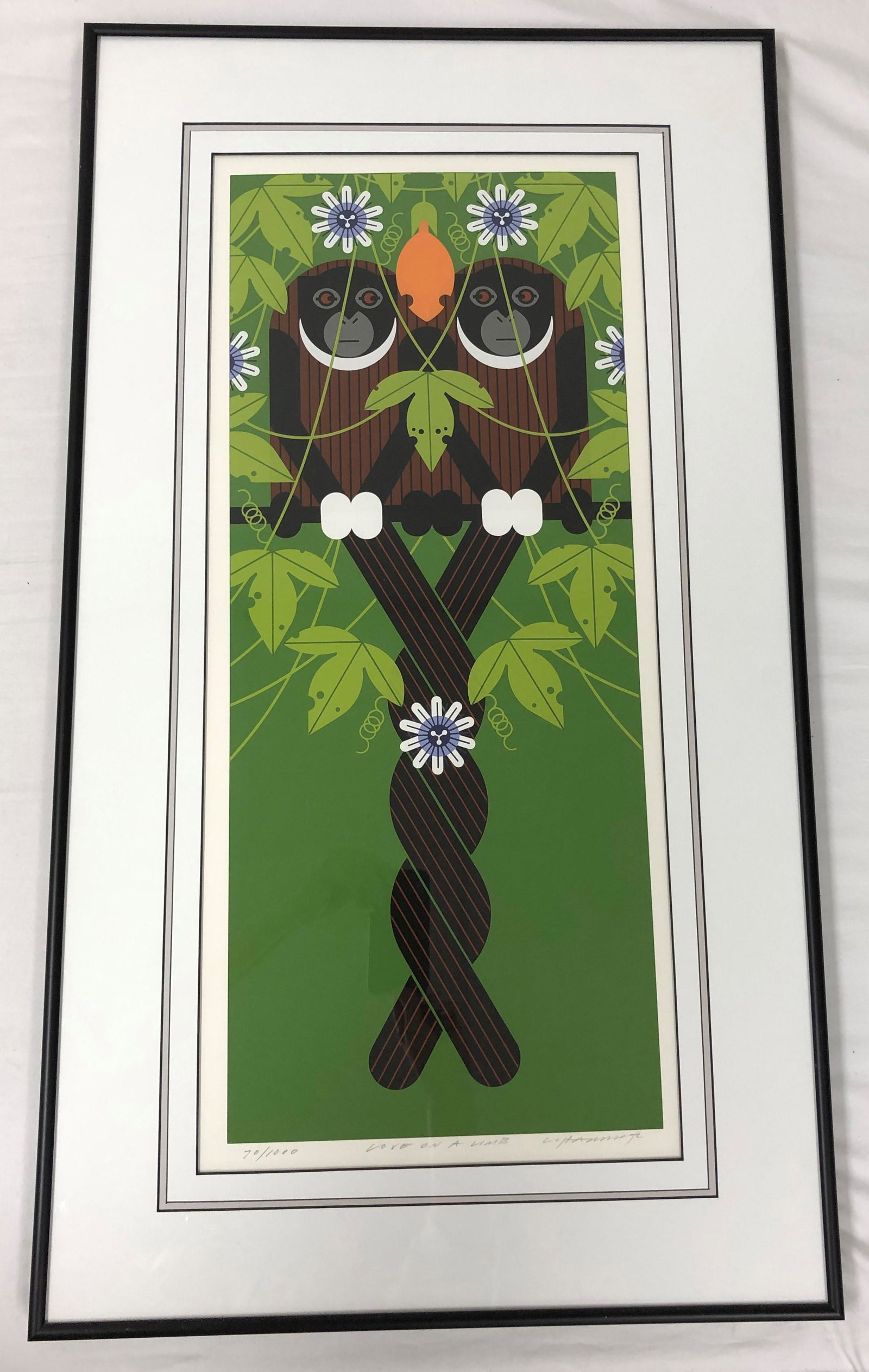 CHARLES HARPER LIMITED EDITION SIGNED SERIGRAPH: Charles Harper limited edition hand signed serigraph titled "Love on a Limb". Numbered, titled and signed in pencil lower margin. Framed measuring 32.25" tall x 18.25" wide. Condition: good, a few min