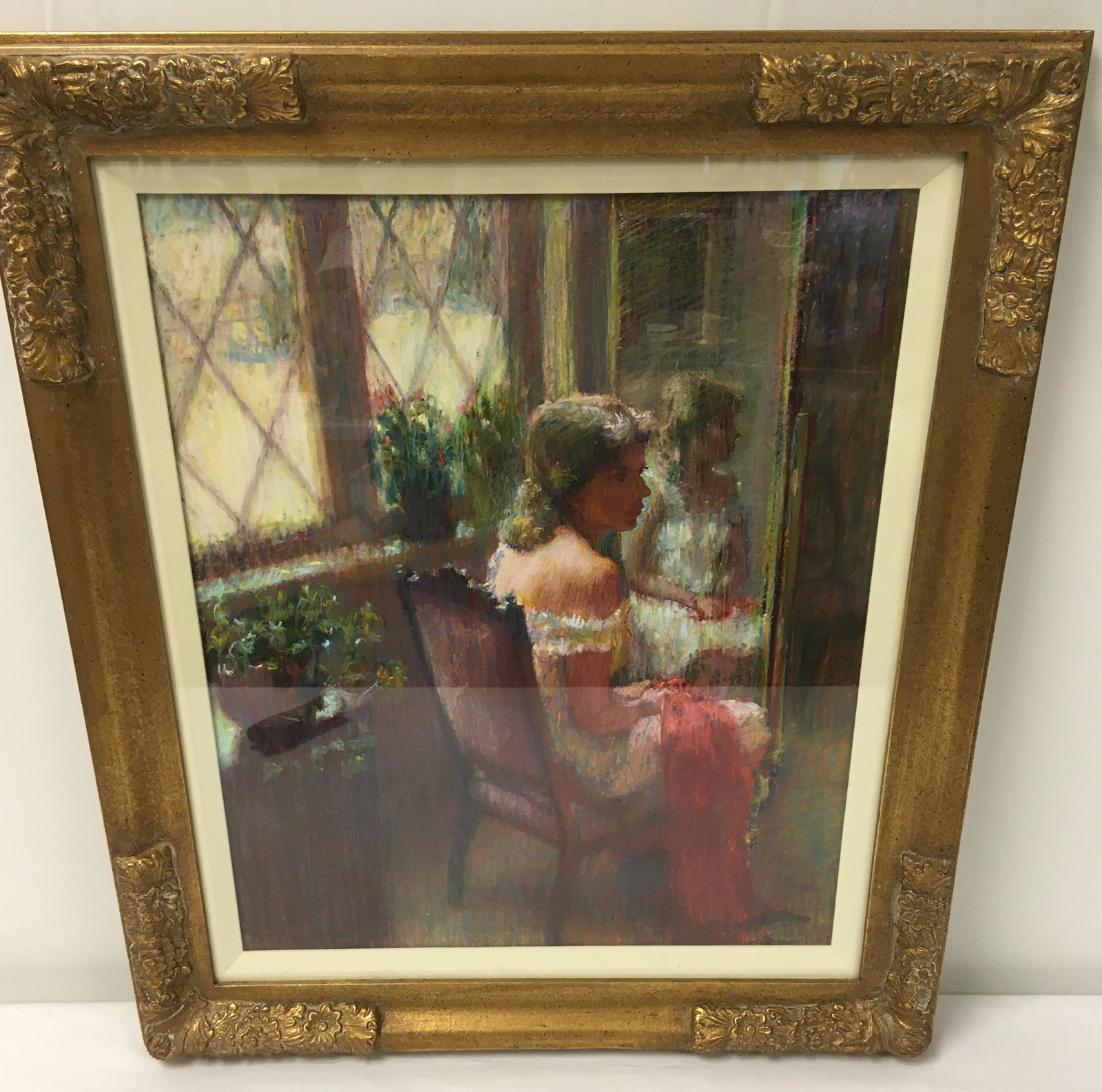 JANE LOUISE SCOTT PASTEL PAINTING: GIRL BY WINDOW: Jane Louise Scott pastel painting on paper. Subject: girl by the window. Under glass and matted in a gold tone frame measuring 30.5" tall x 26.75" wide. Artwork measures 23.5" tall x 19.5" wide (sight