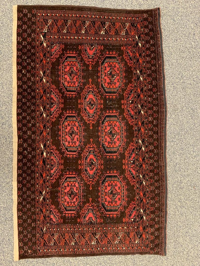 XL TURKMEN WOOL & SILK CHUVAL BAGFACE 3'2" x 5'3": Extra large Turkmen wool and silk chuval bagface. Possibly Salor tribe. Wool pile and foundation inlaid with silk details. Condition: good considering age, a few small spots to pile, minor damages to 
