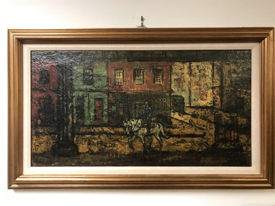 ELLIOT ORR OIL ON MASONITE PAINTING: MAN ON HORSE: Vintage Elliot Orr oil on canvas painting depicting a street scene with a man on horseback. Titled on verso "Tenth Avenue". Dated 1933. Framed measuring 21.5" tall x 35.5" wide. Condition: good, see i