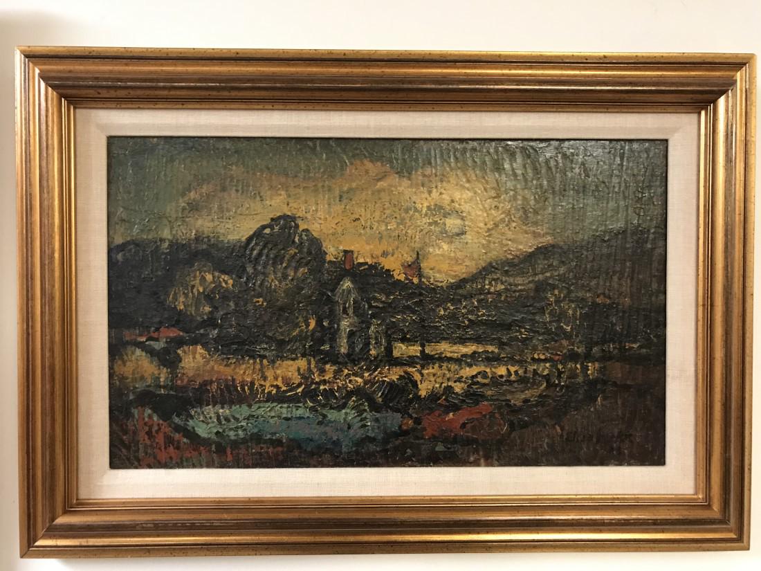 ELLIOT ORR OIL ON MASONITE PAINTING "SCHOOL HOUSE": Elliot Orr oil on masonite painting depicting a dark landscape. Titled "School House",dated 1933 on verso. Framed measuring 19" tall x 25" wide. Condition: good, see images. Weight: 6.2 lbs.