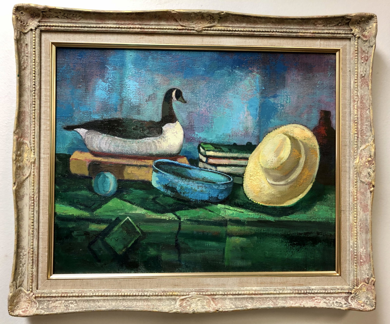 ELLIOT ORR OIL ON CANVAS PAINTING STILL LIFE, DUCK: Elliot Orr framed oil on canvas painting, subject: still life with duck, hat, blue bowl. Framed measuring 24.5" wide x 20.5" tall. Condition: good, see images. Weight: approx. 6 lbs.