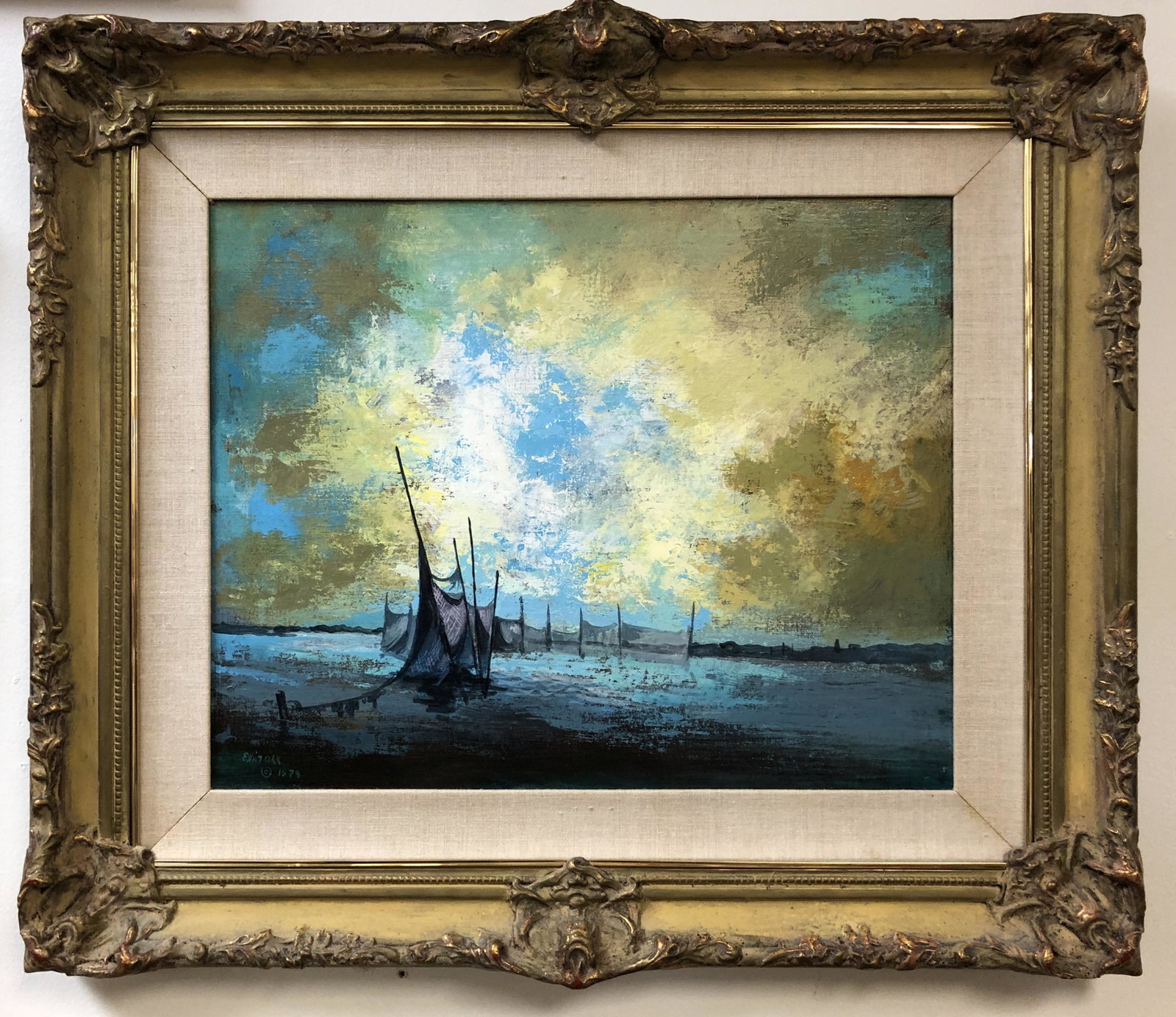 ELLIOT ORR OIL ON CANVAS PAINTING: SHIPS: Elliot Orr oil on canvas painting depicting ship on a yellow sky. Framed measuring 28.5" tall x 24.25" wide. Condition: good, see images. Weight: approx. 8 lbs.