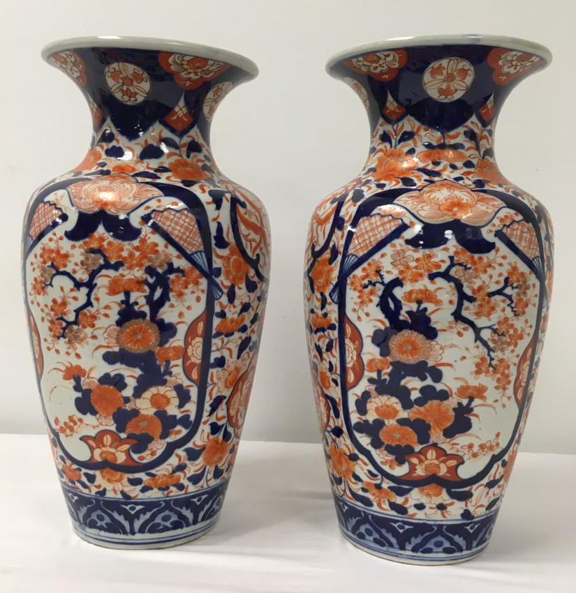 PAIR JAPANESE MEIJI PERIOD IMARI PORCELAIN VASES: Pair of Japanese Meiji period 19th century Imari porcelain vases. Large, each one measures 18.75" tall. Unmarked on base. Condition: good condition, very little paint loss, no chips or cracks, see ima