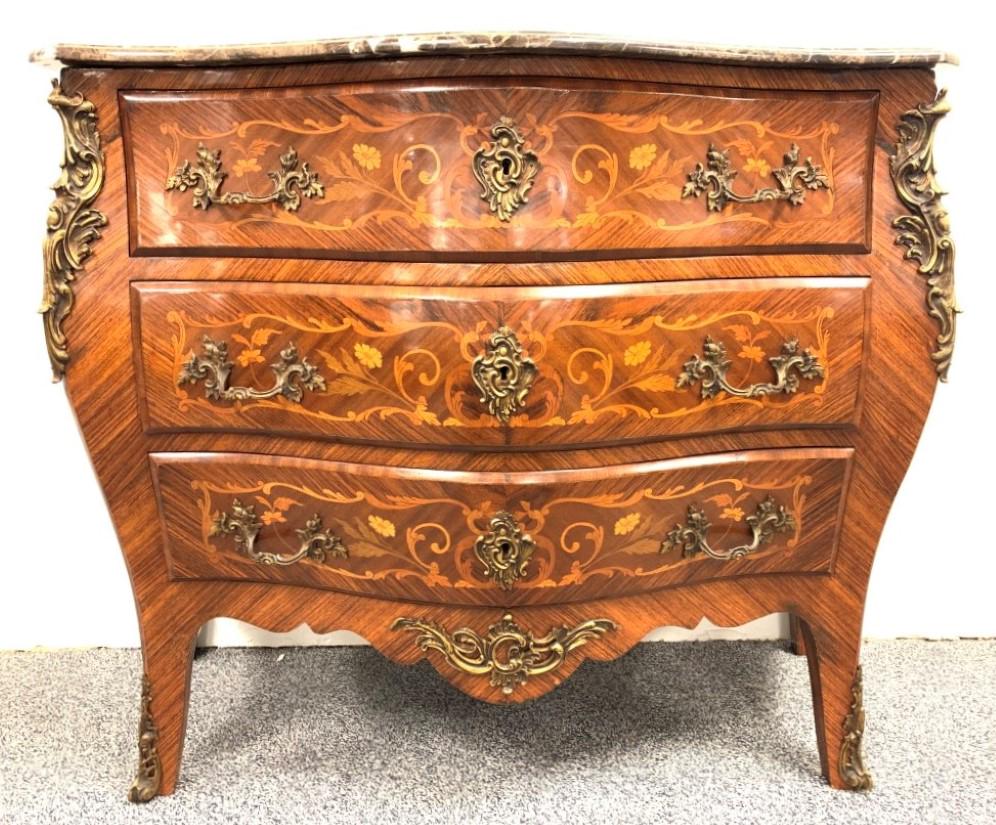 LOUIS XVI STYLE 3 DRAWER CHEST tagged Sormani: Louis XV style marble topped, 3-drawer chest. Floral marquetry inlay, original hardware, oval inlaid metal Paul Sormani label on rim of top drawer, illegible impressed mark to some metal mounts. Parti