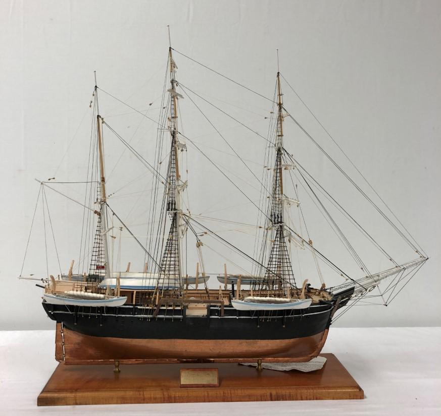 CHARLES W. MORGAN WHALER HAND MADE MODEL SHIP: Charles W. Morgan (New Bedford Whaler) hand made model ship by Bill McLearn. Title plate on base. Measures a total of approx. 31" long x 26.5" tall x 10" wide. Condition" title plaque needs to be re-g