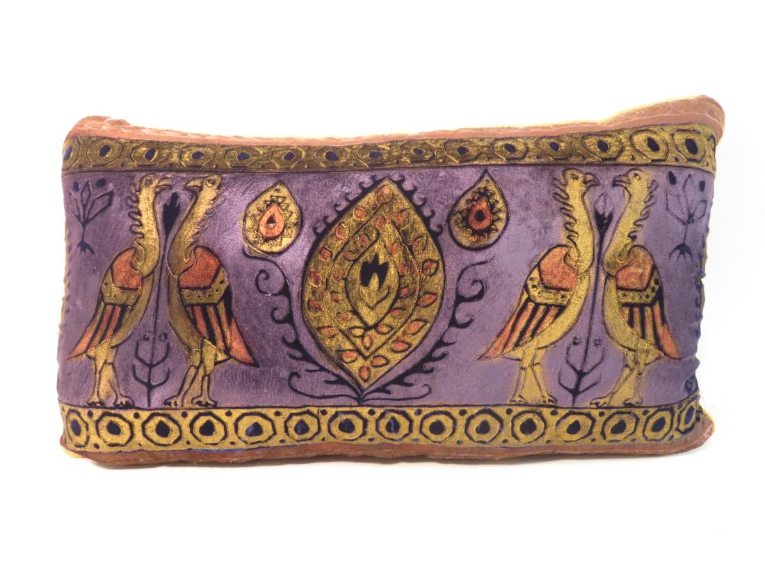 HAND PAINTED SILK THROW PILLOW: Hand painted silk throw pillow measuring 30" wide x 16" tall x 10". Condition: good, no signs of damage, may show signs of normal use, see images. Weight: 2 lbs.