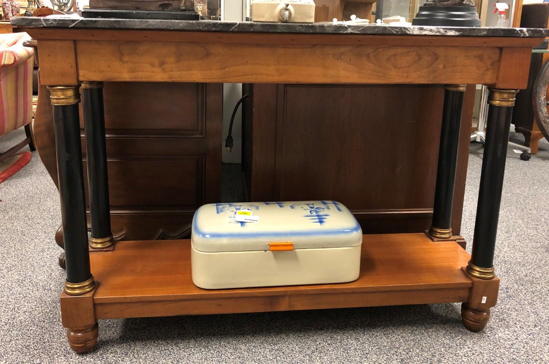 NEOCLASSICAL STYLE MARBLE TOP CONSOLE TABLE: Neoclassical style marble top console table measuring 34" tall x 49" wide and 15.75" deep. Condition: good, see images. Weight: approx. 55 lbs.