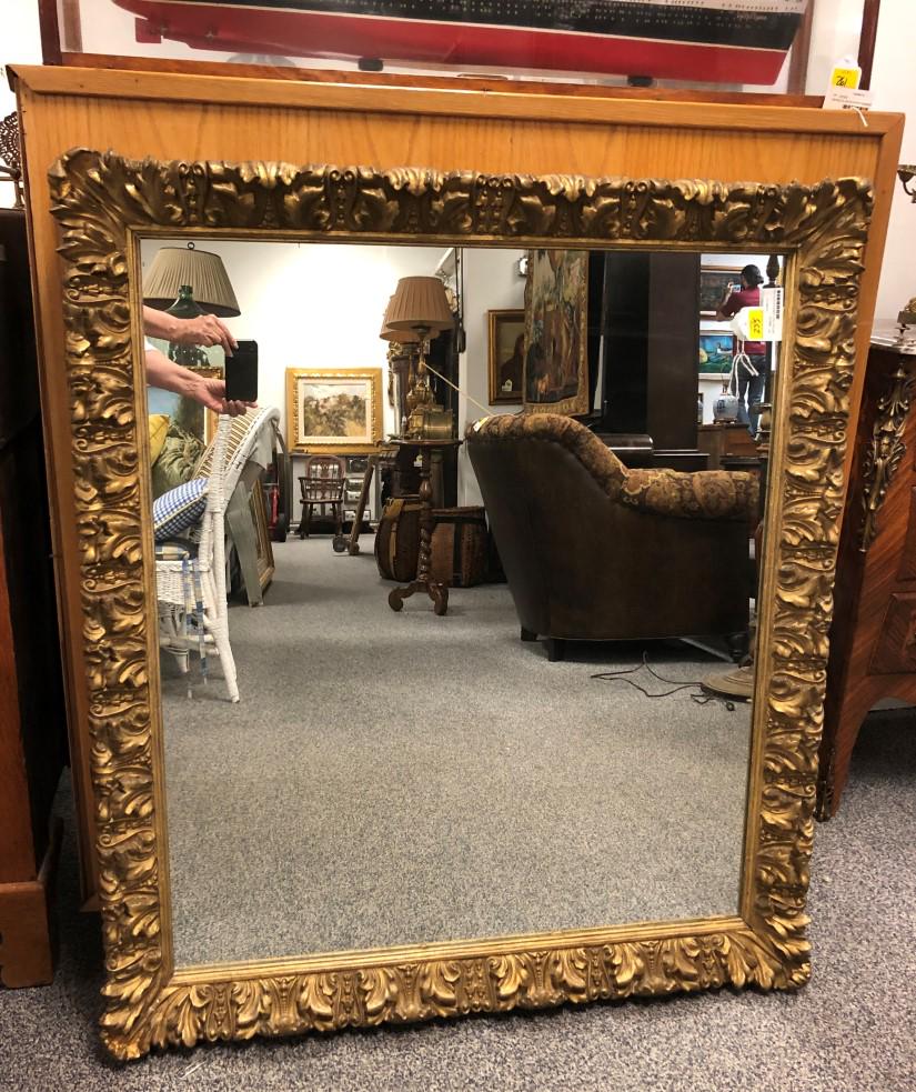 ANTIQUE BAROQUE STYLE CARVED WOOD WALL MIRROR: Antique Baroque style carved wood wall mirror measuring a total of 36" tall x 30.5" wide. Beveled mirror. Condition: good, a few minor scattered repairs, minor expected signs of age, see images. Extre