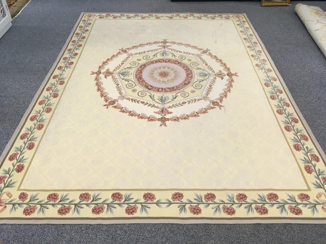 LARGE FLORAL AUBUSSON STYLE NEEDLEPOINT RUG 9 X 12: Aubusson style needlepoint rug, 9' x 12'. Light colors on offwhite ground, medallion pattern. see images. Condition: very minor soiling, see images. weight: approx. 40 lbs.