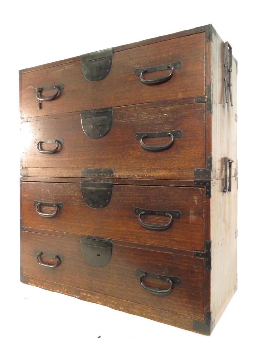 ANTIQUE KOREAN TANSU CHEST: Antique Korean stacking double chest on chest, Tansu. Measures 38" tall x 35.5" wide and 16.5" deep. Metal hardware and mounts. Condition: expected signs of age to wood and metal finish, see images. W