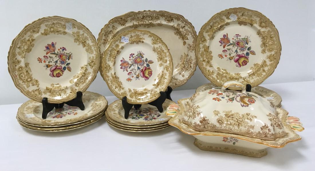 MASON'S PATENT IRONSTONE DINNERWARE 16 PCS: Mason's Patent Ironstone dinnerware. Includes 16 total pieces: (4) 10.25" plates, (5) 9.5" plates, (5) 8" plates, (1) 13.25" platter, and (1) 12.25" wide lidded server. Condition: very minor signs of 