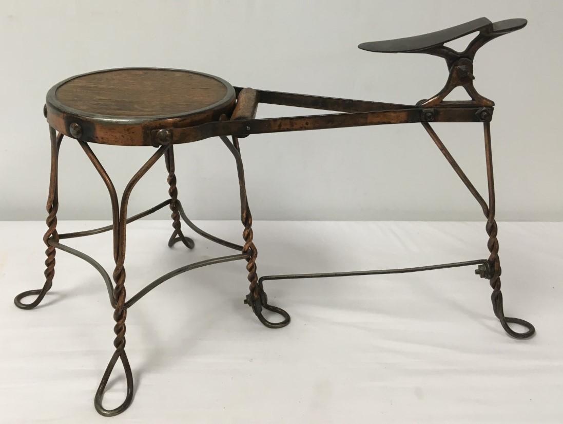 ANTIQUE 19TH C SHOE SHINE STOOL BENCH: Antique 19th century oak and metal shoe shine stool or bench. Measures a total of 32" long x 17" wide and 18.5" tall. Condition: minor signs of age and wear, see images. Weight: approx. 15 lbs.