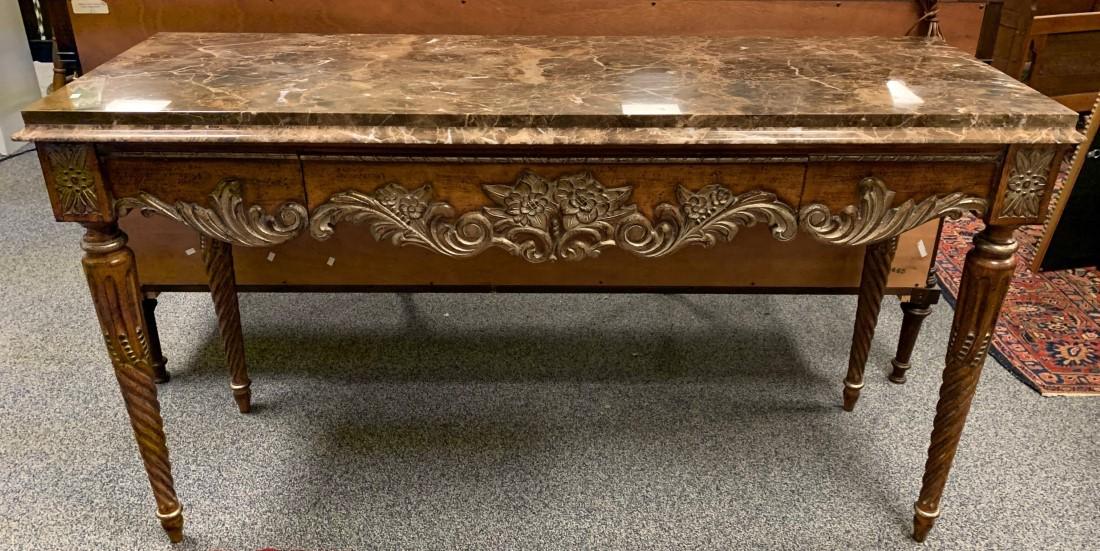 LARGE MARBLE TOP CONSOLE TABLE: Large and heavy marble top console table measuring 33.5" tall x 60" long and 21" wide. Floral carving on the drawer at the front. Condition: good, see images. Weight: approx. 150 lbs.