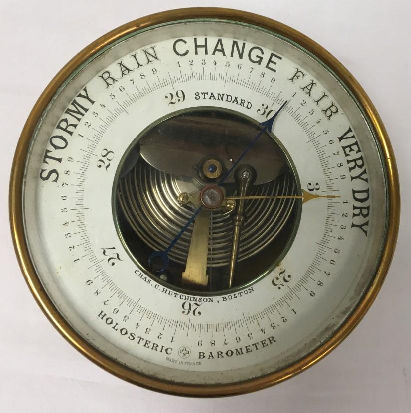 VINTAGE CHAS C. HUTCHINSON BOSTON BAROBMETER: Vintage barometer from Chas C. Hutchinson of Boston. Face stamped at base "Made in France". Measures a total of 5.15" wide x 6.25" tall (with loop). Condition: good condition, only very minor signs of