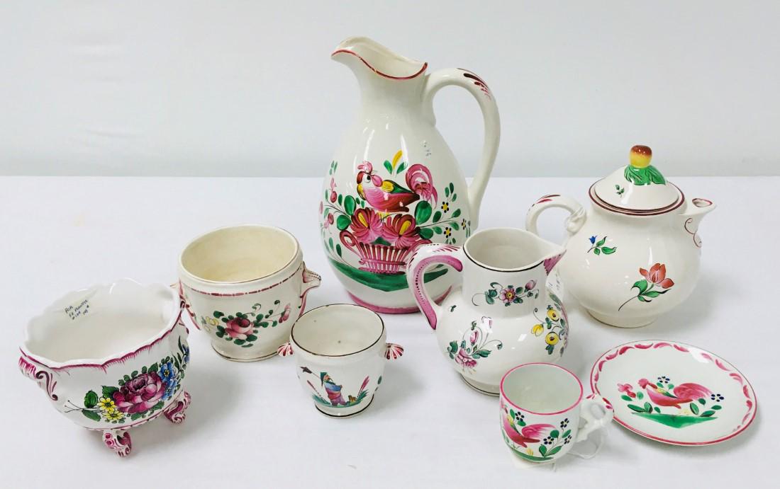 VINTAGE & ANTIQUE FRENCH FAIENCE POTTERY WARE: Lot of assorted vintage and antique French faience pottery ware. Includes 8 pieces total. Largest is an 11" tall pitcher (crack to base). Condition: small chinoiserie cup has a few tiny flakes to rim,