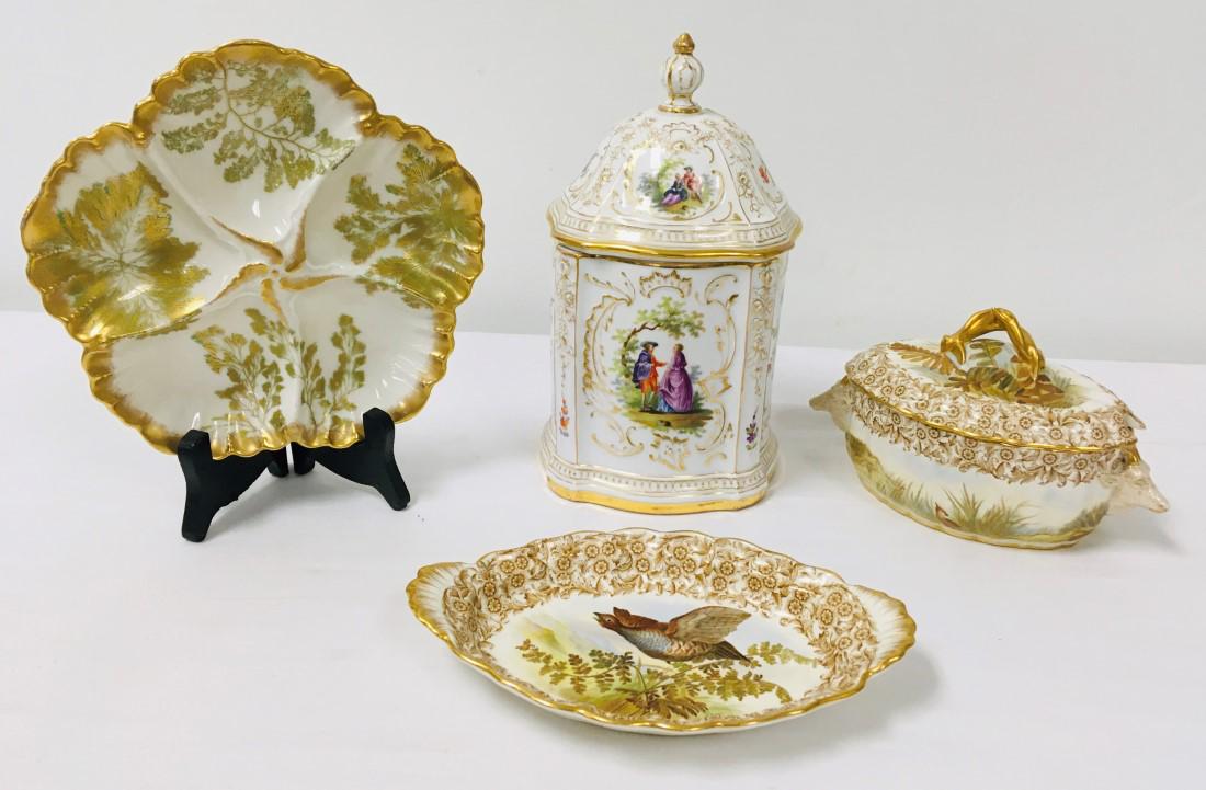 19TH C PORCELAIN: MEISSEN, ROYAL WORCESTER 4 PCS: Lot of assorted 19th century porcelain ware. Includes a "Meissen" lidded jar, a T&V Limoges oyster plate, a Royal Worcester game dish, and a Royal Worcester lidded sauce tureen. Condition: "Meissen" j