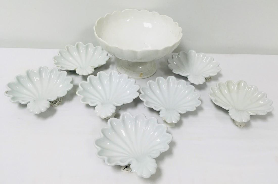 ANTIQUE 19TH C IRONSTONE: T&R BOOTE DISHES, 8 PCS: Antique mid 19th century ironstone tableware. Includes 7 shell shaped dishes by T & R Boote, 1851; and one unsigned footed bowl with scalloped edge. The shell dishes each measure 8" long, the bowl mea