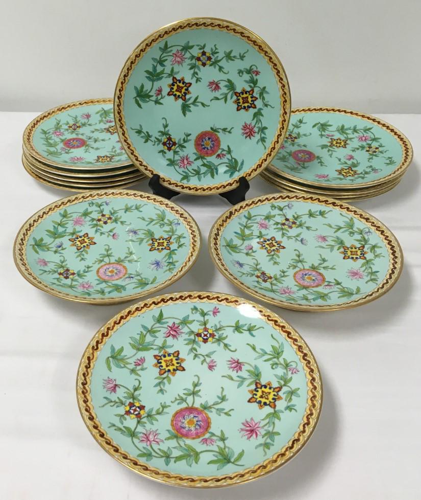 ROYAL CROWN DERBY PORCELAIN DINNERWARE: 13 pcs: Lot of 13 pieces of Royal Crown Derby porcelain dinnerware. Floral pattern over a turquoise ground. Each piece marked. Includes (3) footed 9" diameter dishes, and (10) 9.25" diameter plates. Condition