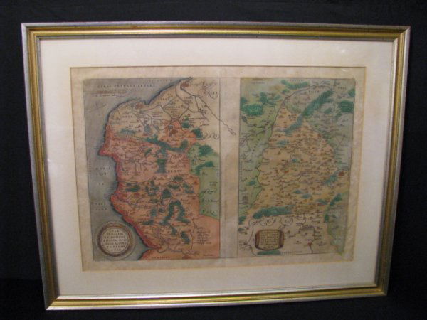 ANTIQUE HAND COLORED FRENCH LATIN MAP: Hand colored engraving of French, Latin map. Famed dimensions 26 3/4" wide by 20 3/4" high. Art work has some minor foxing, frame in good condition. Glass on back is cracked. Condition good. See image