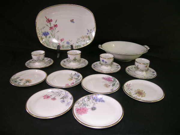 K P KRAUTHEIM PORCELAIN FLORAL GILT SERVING ASST 1: K P KRAUTHEIM PORCELAIN FLORAL GILT SERVING ASST 12 PCS: -12 pieces include 6 small pate plates at 4" wide, 4 egg cups at 4" wide x 2 1/2" high, small serving bowl at 8" wide and oblong serving plate